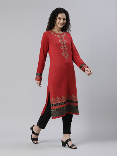 Neeru's Winter Wear Red Black Ethnic Motifs Acrylic Kurta For Women