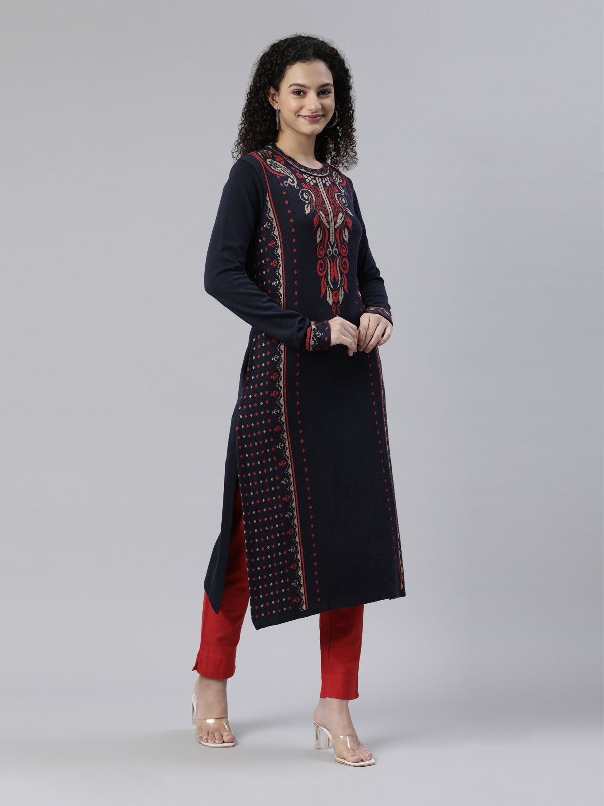 Neeru's Winter Wear Navy Blue Ethnic Motifs Acrylic Kurta For Women