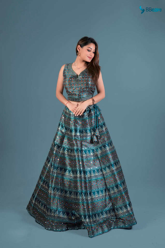 Neerus Bottle Green Color Printed Ghagra Set