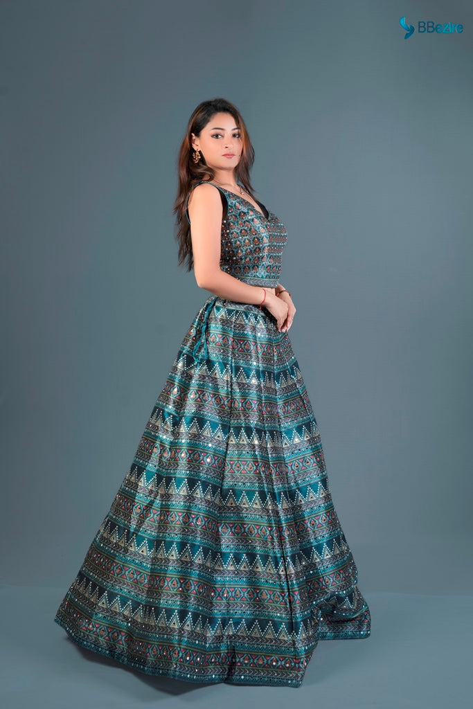 Neerus Bottle Green Color Printed Ghagra Set