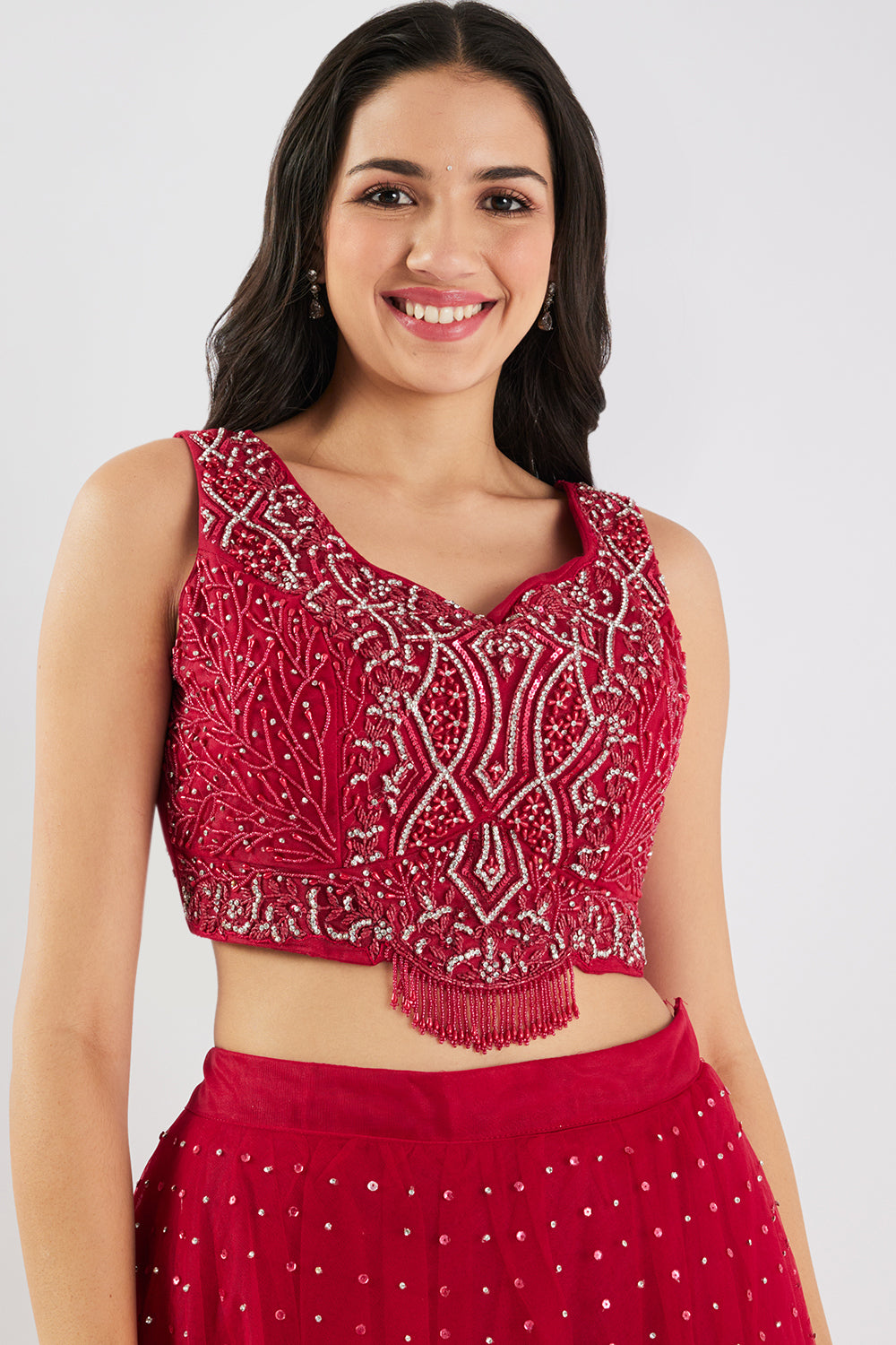 Neerus Maroon Beads and Stone Work Net Fabric Ghagra Set