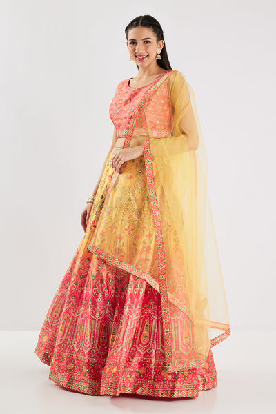 Neerus Red Printed Silk Fabric Ghagra Set