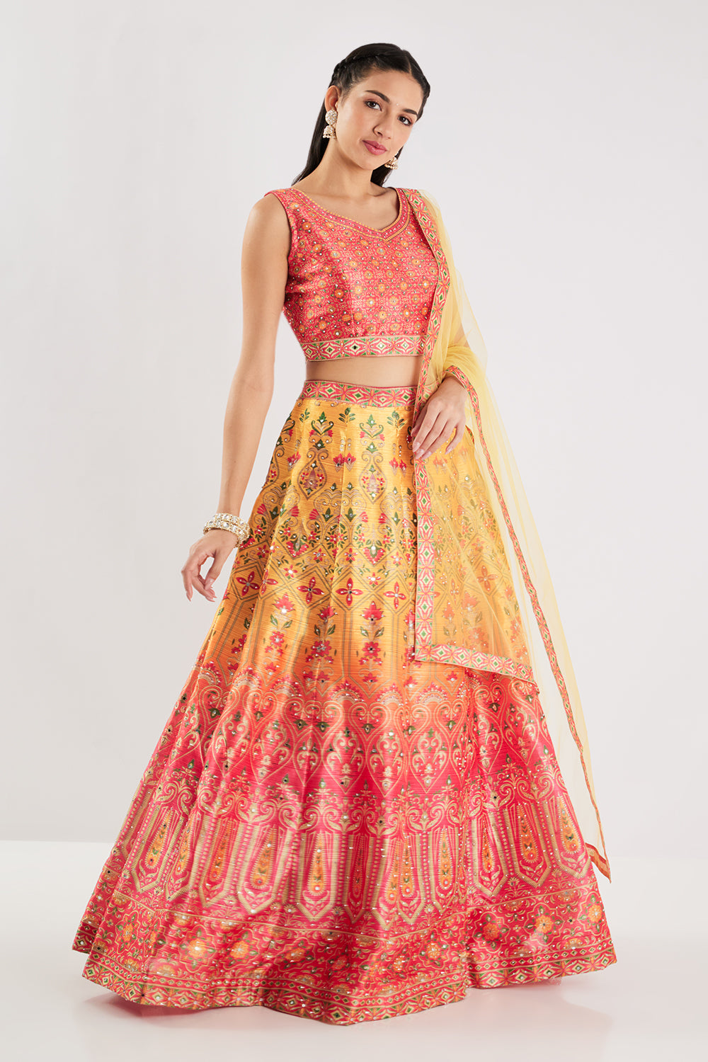 Neerus Red Printed Silk Fabric Ghagra Set