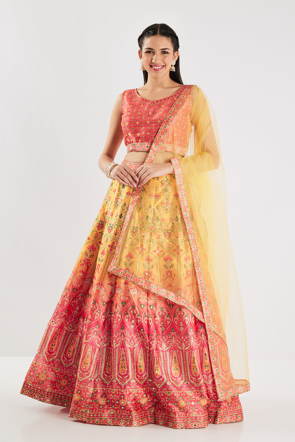 Neerus Red Printed Silk Fabric Ghagra Set