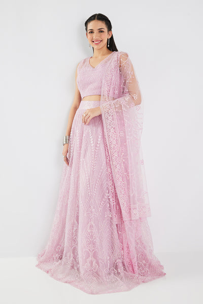 Neerus Baby Pink Sequence and Embroidered Work Net Fabric Ghagra Set