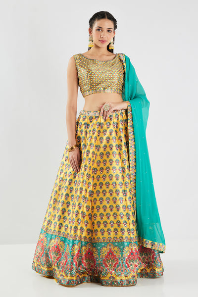 Neerus Yellow Printed Silk Fabric Ghagra Set