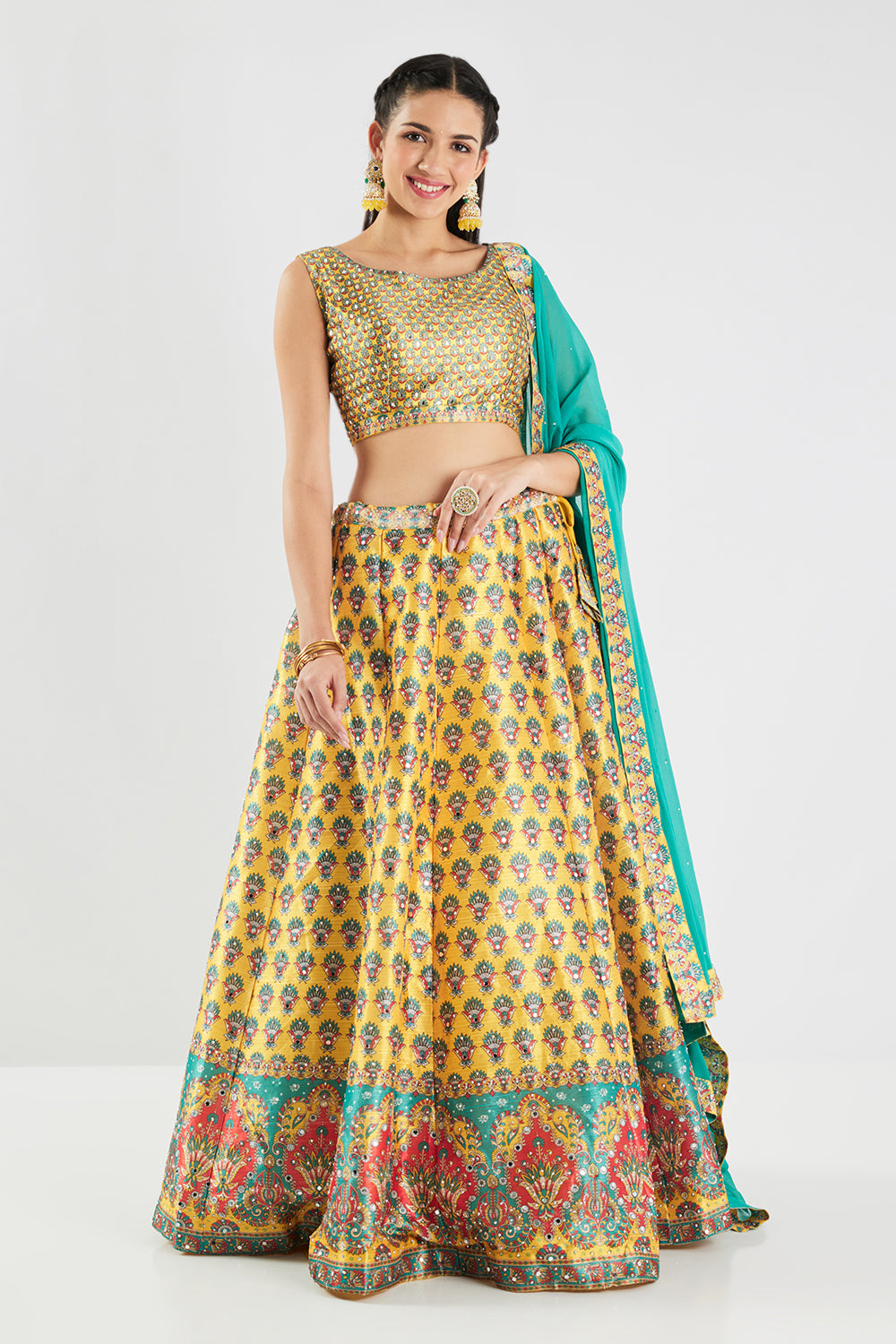 Neerus Yellow Printed Silk Fabric Ghagra Set