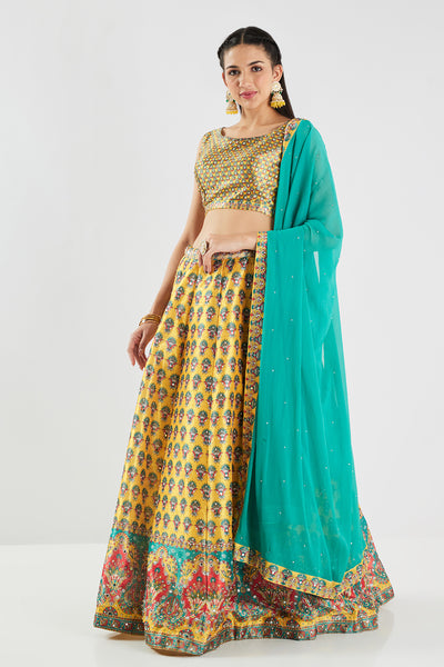 Neerus Yellow Printed Silk Fabric Ghagra Set