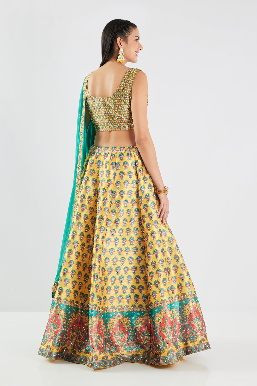 Neerus Yellow Printed Silk Fabric Ghagra Set