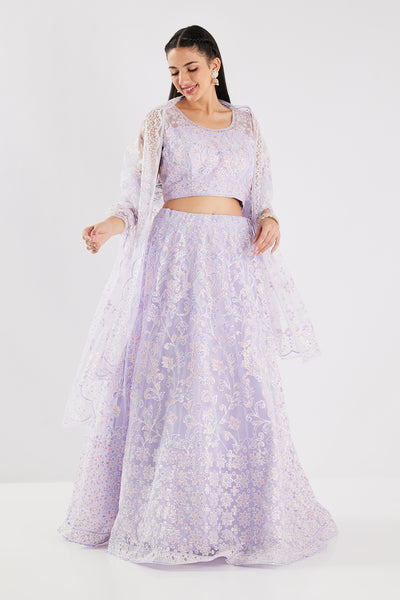 Neerus Lavender Sequence and Embroidered Work Net Fabric Ghagra Set