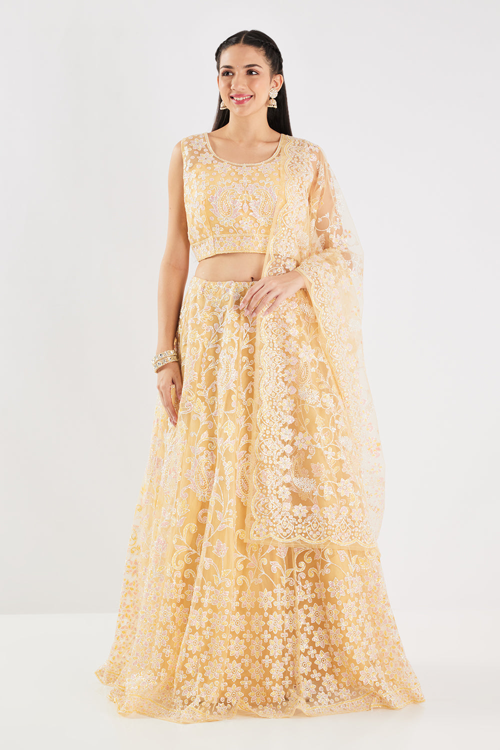 Neerus Yellow Sequence and Embroidered Work Net Fabric Ghagra Set