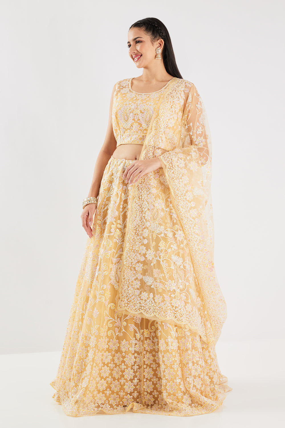 Neerus Yellow Sequence and Embroidered Work Net Fabric Ghagra Set