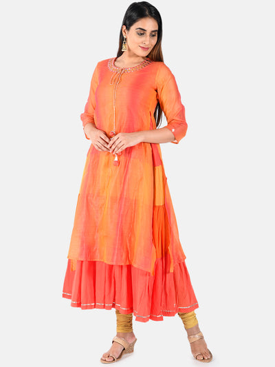 Neerus Women Orange Colour blocked A-Line Layered Kurta