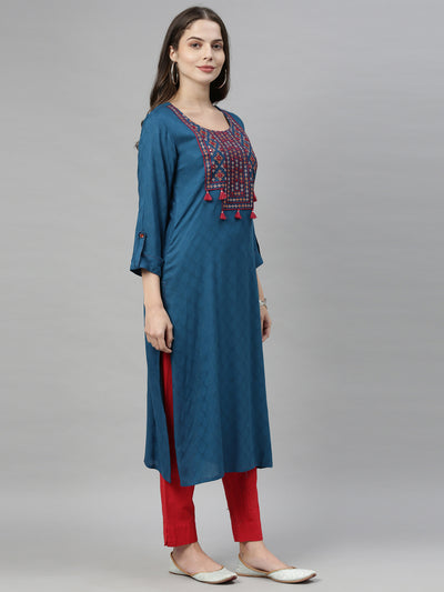 Neerus Women Blue  Red Yoke  Woven Design Thread  Mirror Work Straight Kurta