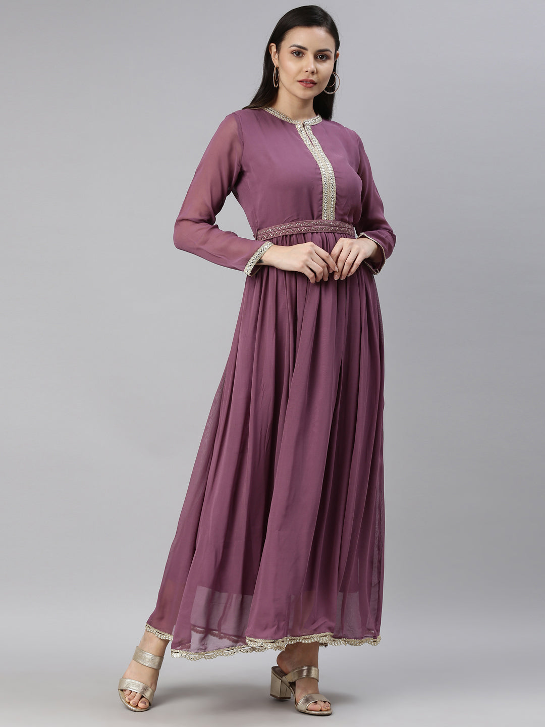 Neerus Women Lavender Thread Work Georgette Anarkali Kurta