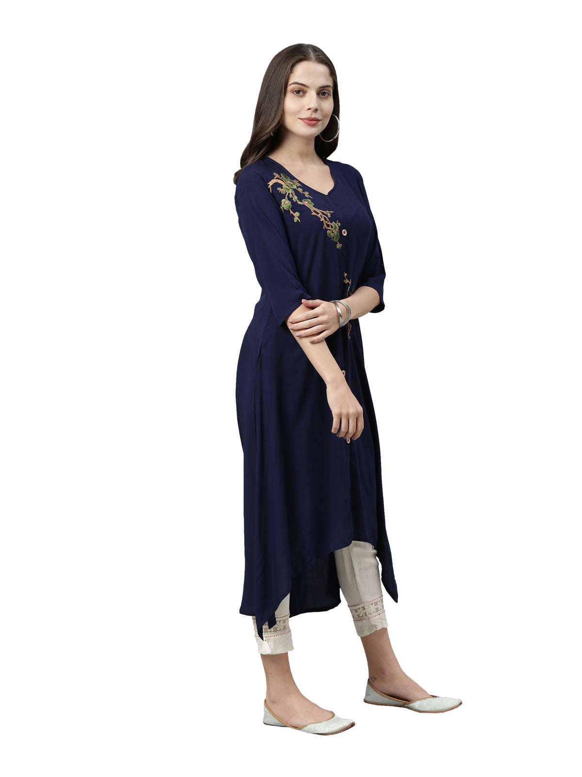 Neerus Women Navy Blue  Green Phulkari Embroidered Floral Front-Slit A-Line Kurta