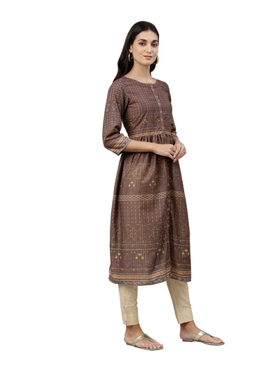 Neerus Women Brown Ethnic Motifs Printed Anarkali Kurta