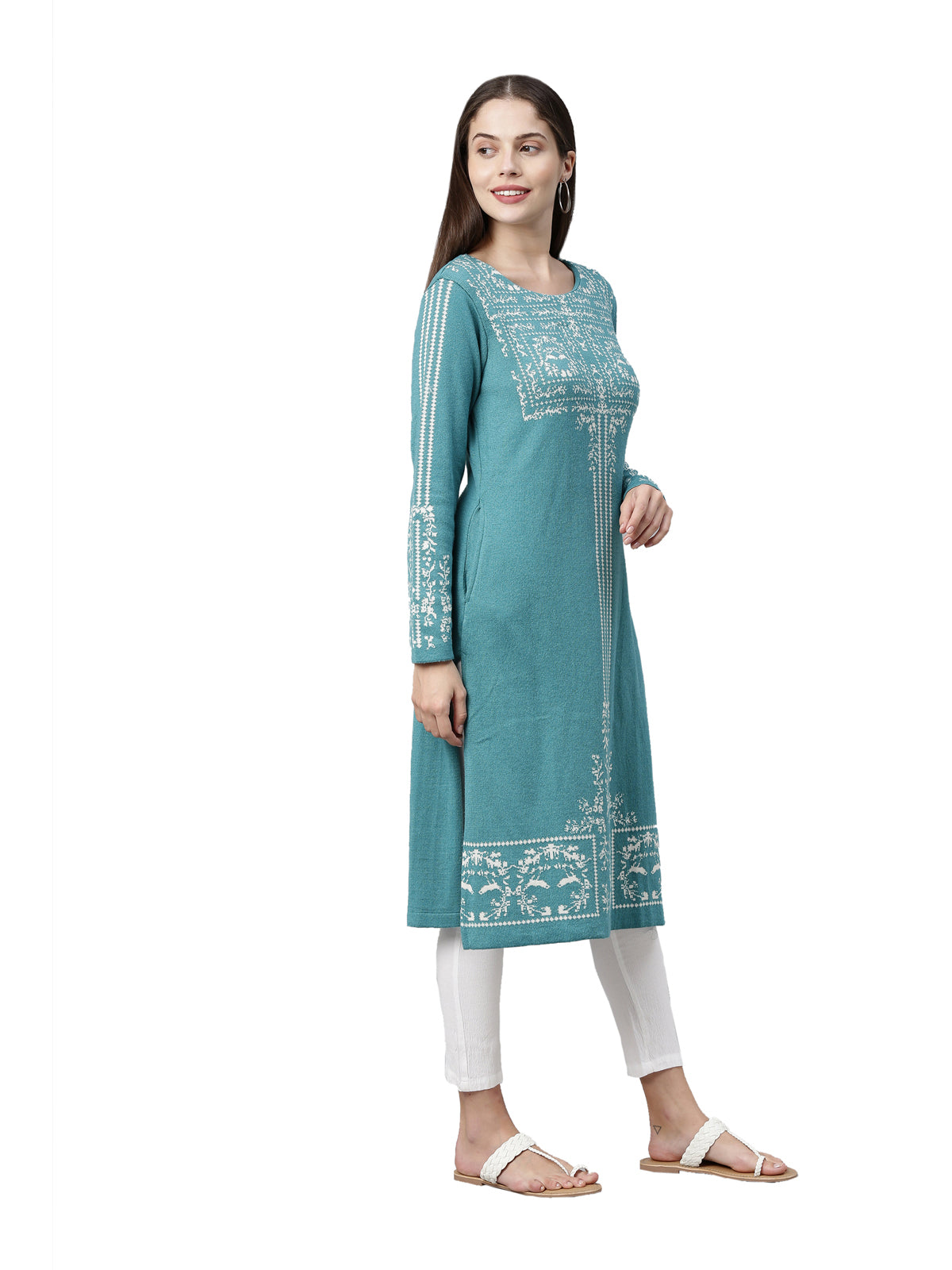 Neerus Women Turquoise Blue Ethnic Motifs Knitted Kurta