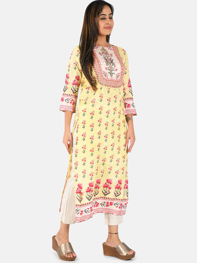 Neerus Women Yellow  Pink Floral Printed Straight Kurta