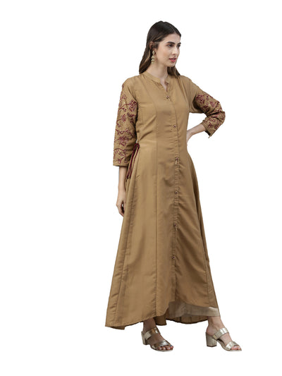 Neerus Women Brown Golden Ethnic Motifs Thread Work Kurta