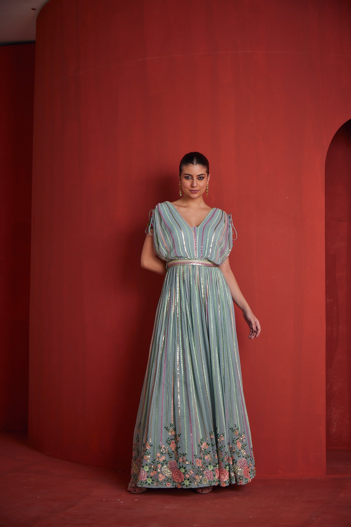 Neeru's Womens Sea Green Georgette Gown