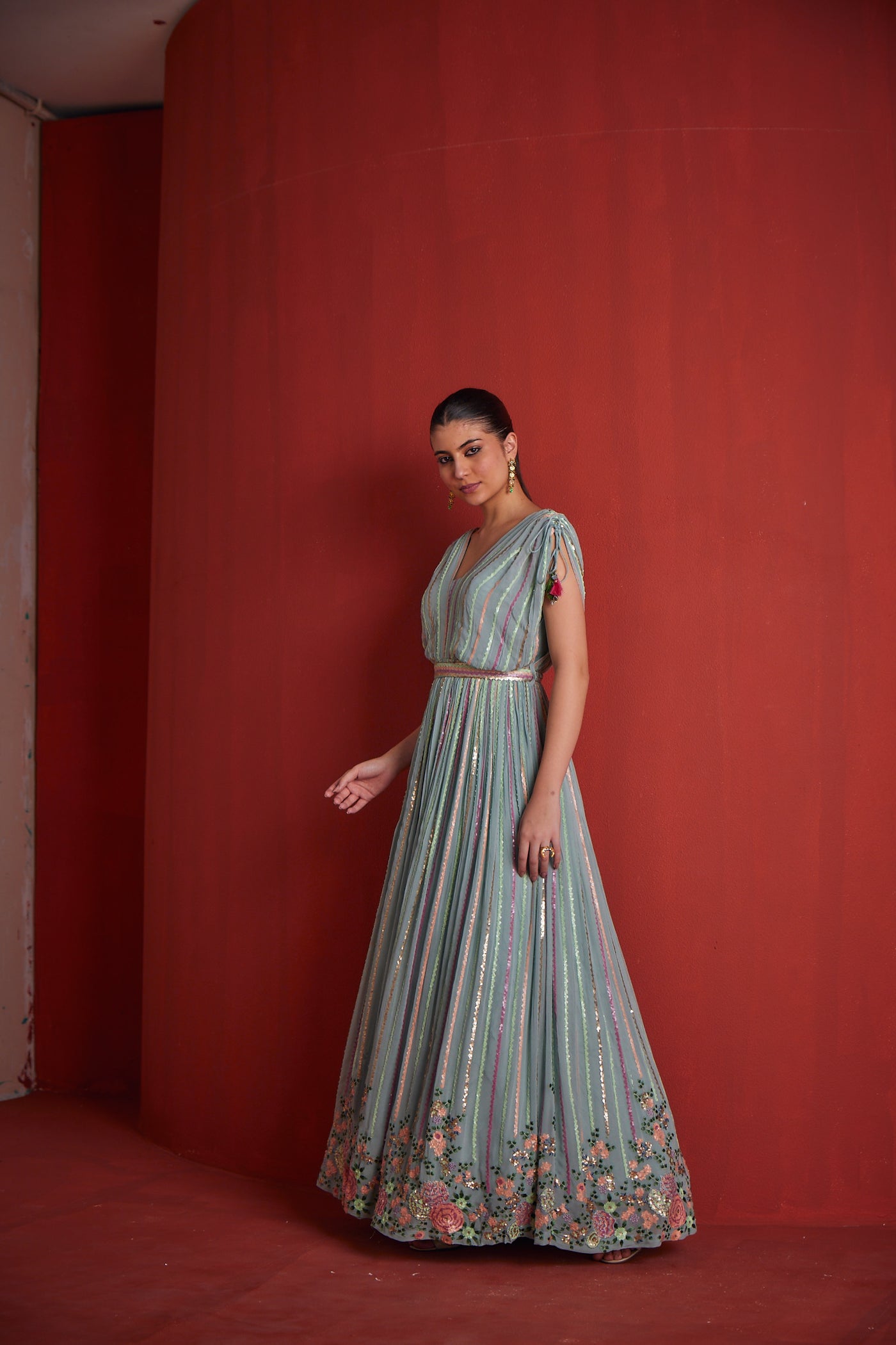 Neeru's Womens Sea Green Georgette Gown