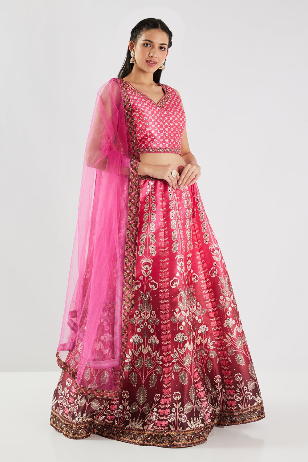 Neerus Rani Pink Printed Silk Fabric Ghagra Set