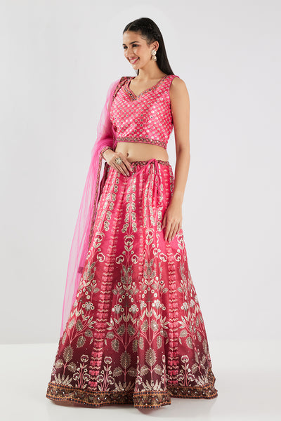 Neerus Rani Pink Printed Silk Fabric Ghagra Set