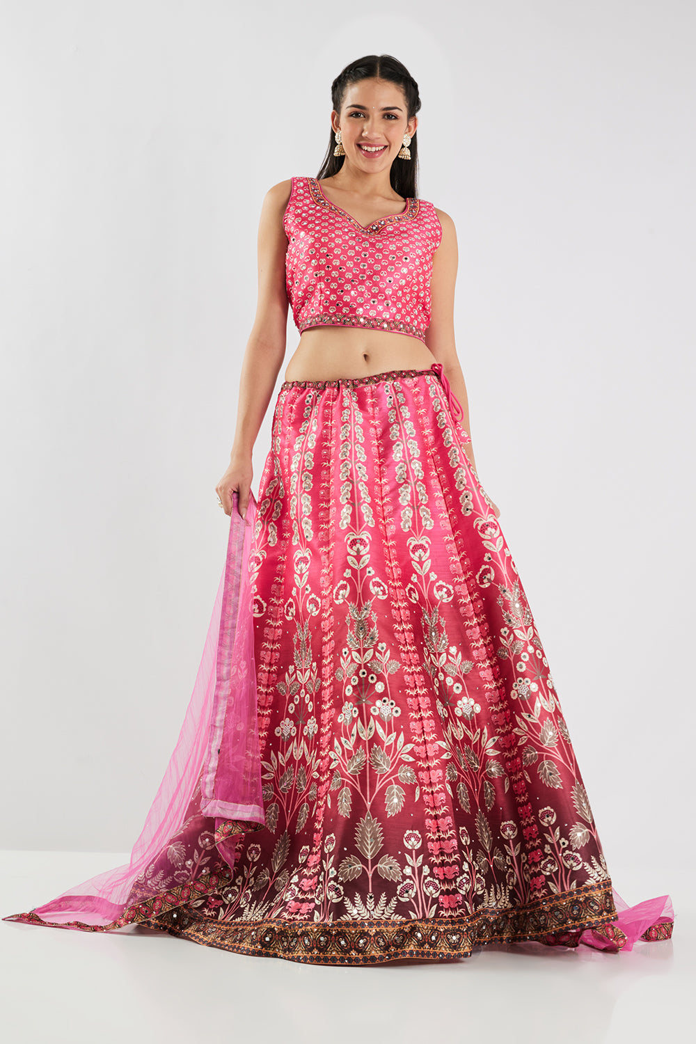 Neerus Rani Pink Printed Silk Fabric Ghagra Set