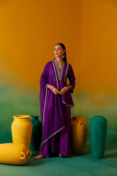 Neerus Purple Embroidery Silk fabric Kurti and plazzo with Dupatta