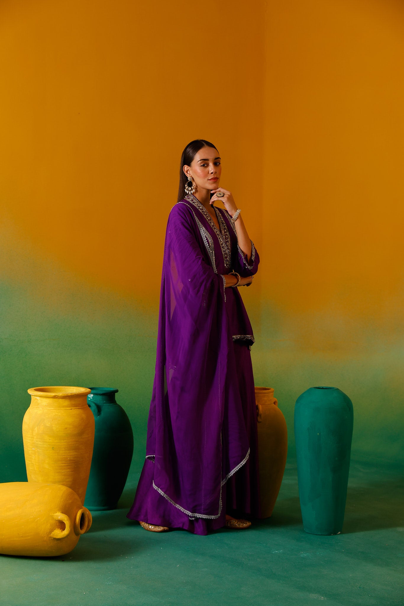 Neerus Purple Embroidery Silk fabric Kurti and plazzo with Dupatta