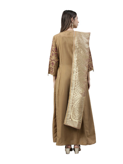 Neerus Women Brown Golden Ethnic Motifs Thread Work Kurta