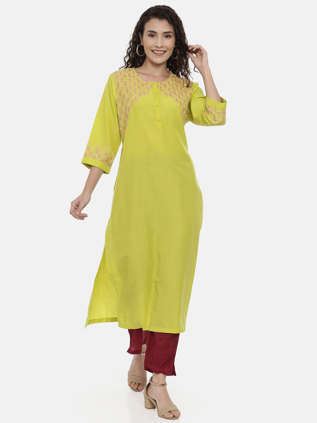 Neerus Women Yellow Yoke Design Thread Work Kurta