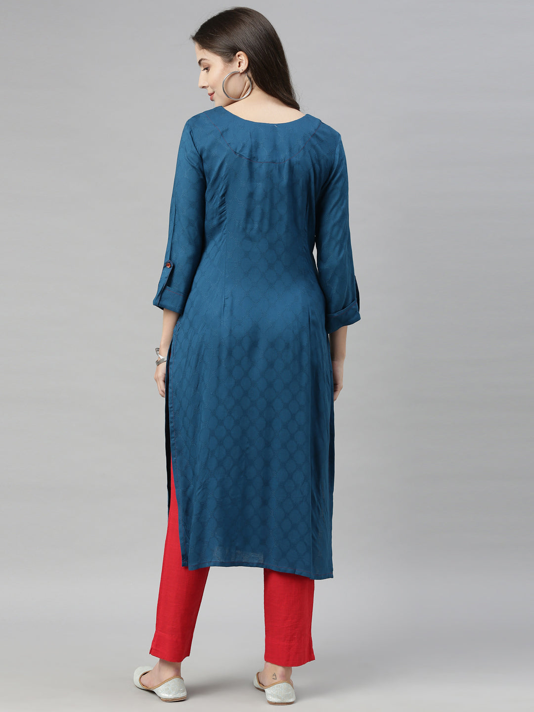 Neerus Women Blue  Red Yoke  Woven Design Thread  Mirror Work Straight Kurta