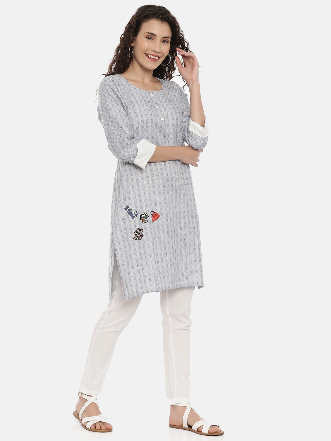 Neerus Women Grey Geometric Printed Kurta