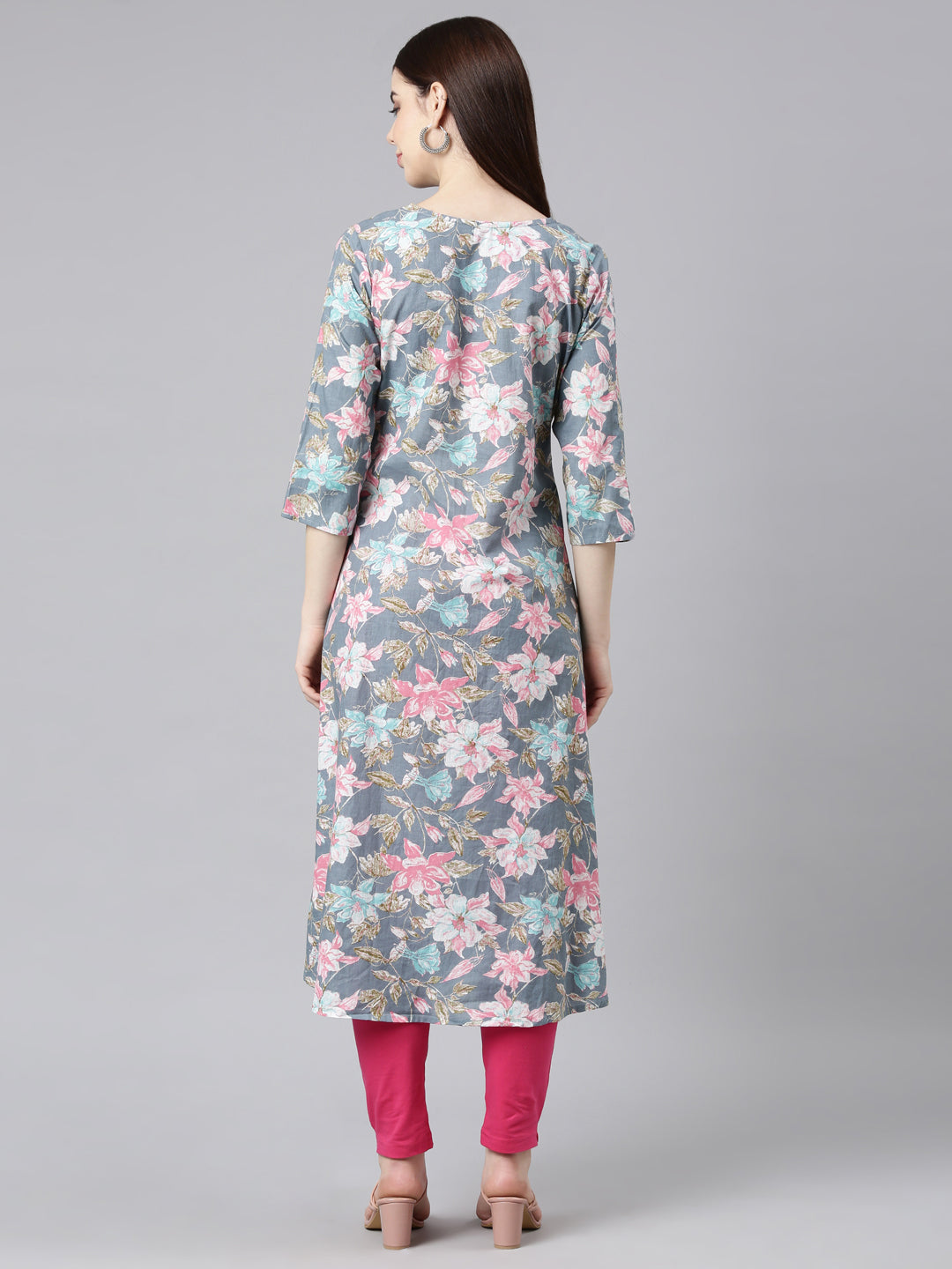 Neerus Grey Straight Casual Floral Straight Kurtas