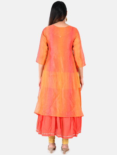 Neerus Women Orange Colour blocked A-Line Layered Kurta