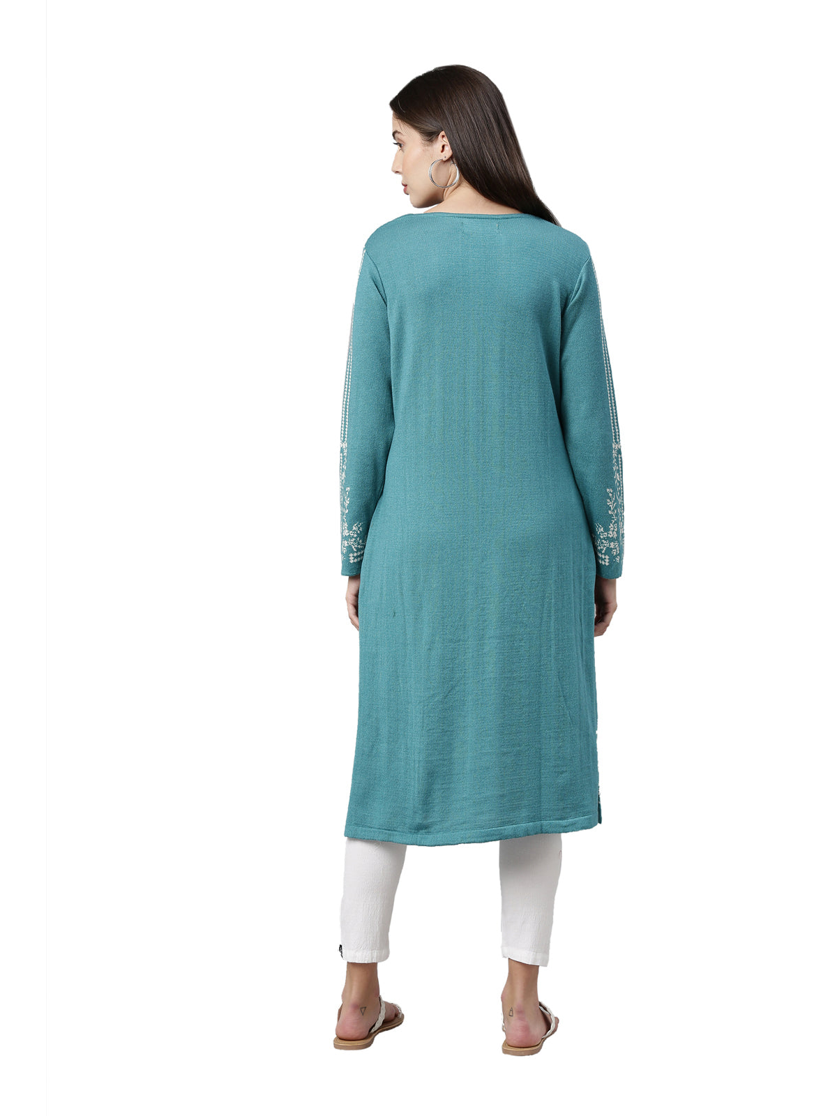 Neerus Women Turquoise Blue Ethnic Motifs Knitted Kurta