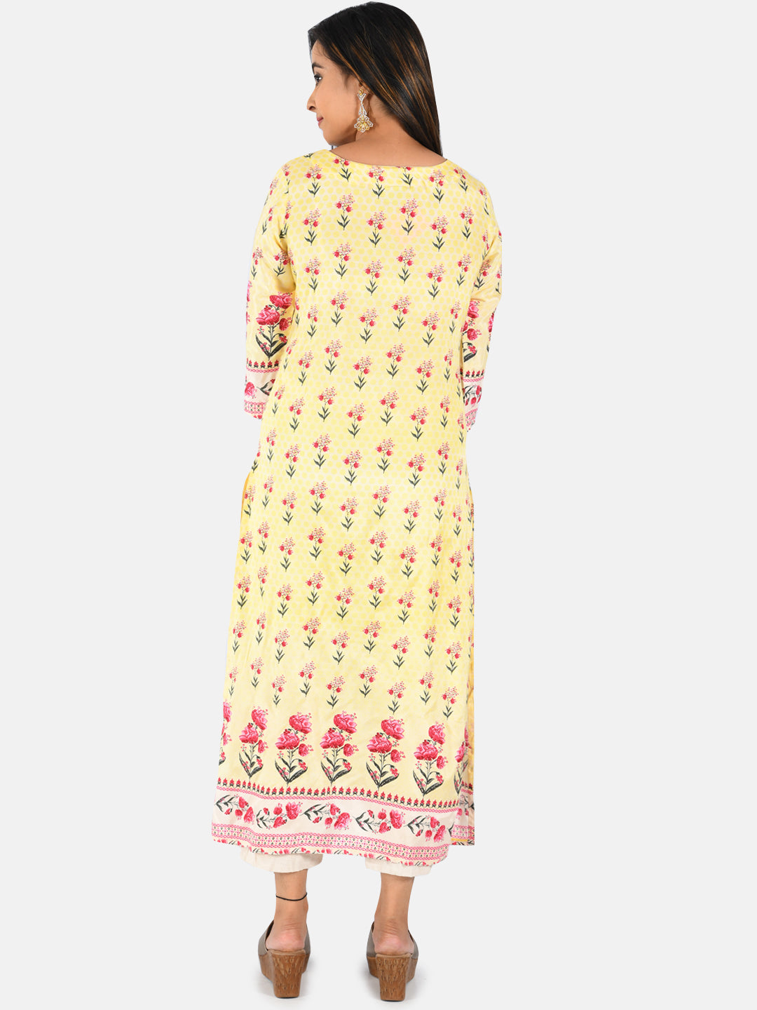 Neerus Women Yellow  Pink Floral Printed Straight Kurta