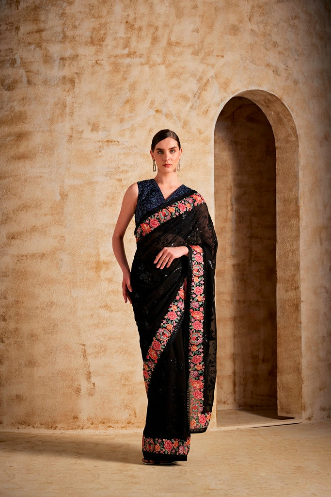 Neeru's Black Color Georgette Fabric Saree