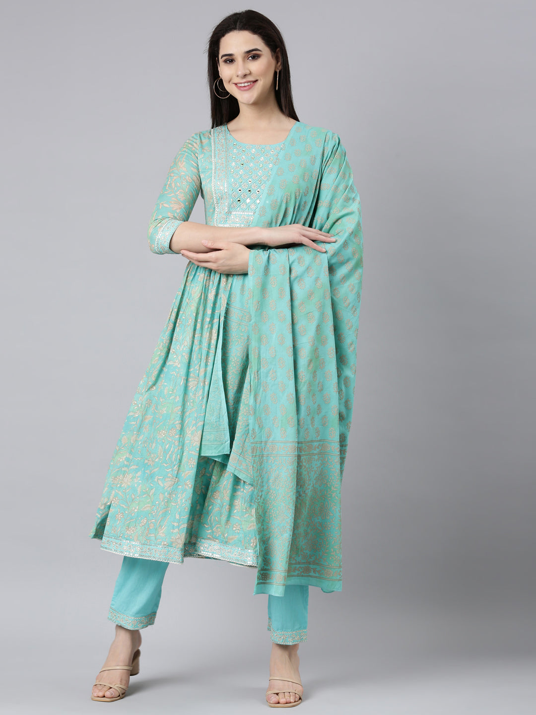 Neerus Sea Green Pleated Straight Floral Readymade suits