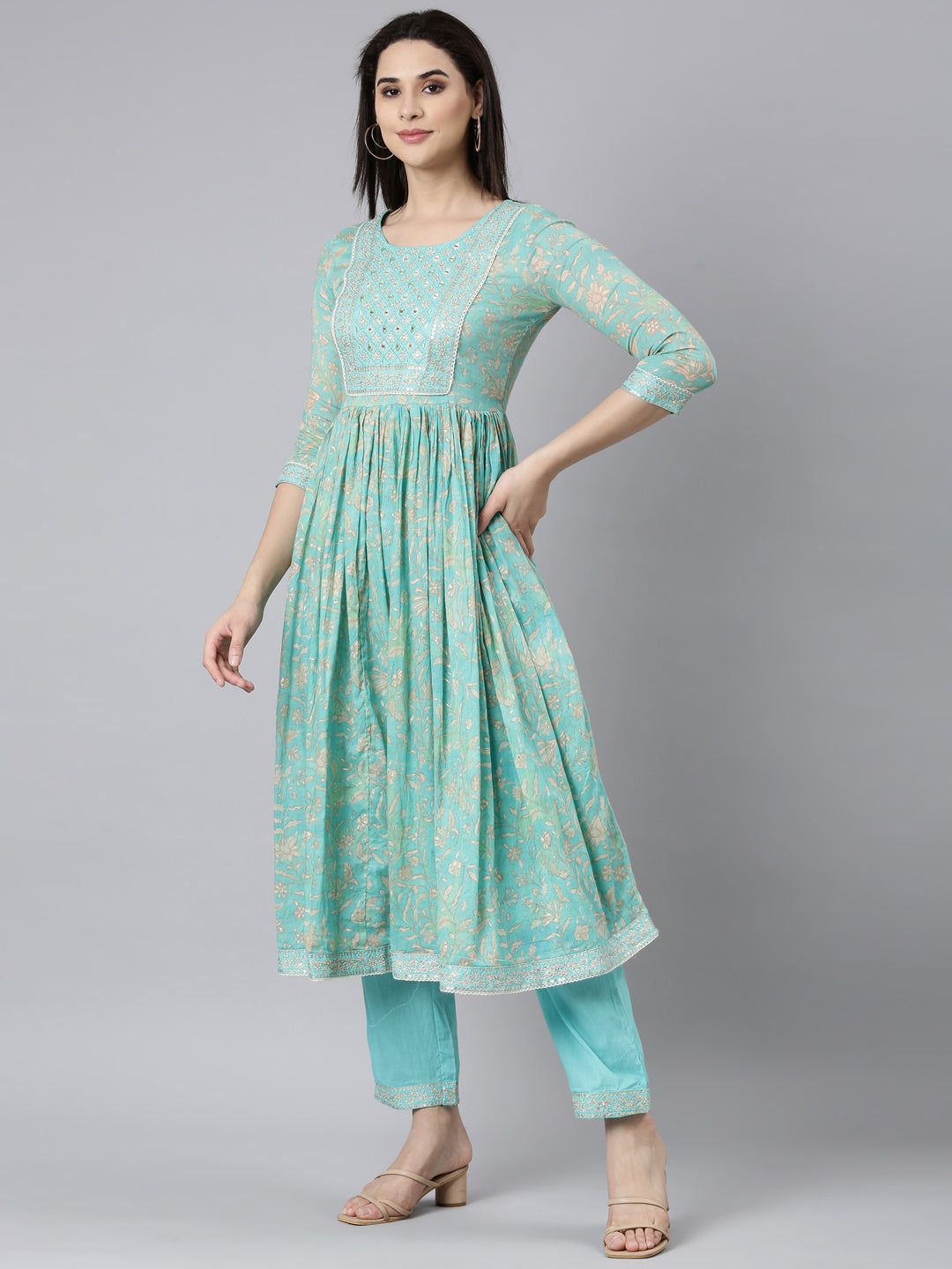 Neerus Sea Green Pleated Straight Floral Readymade suits