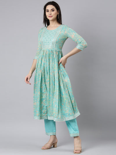 Neerus Sea Green Pleated Straight Floral Readymade suits