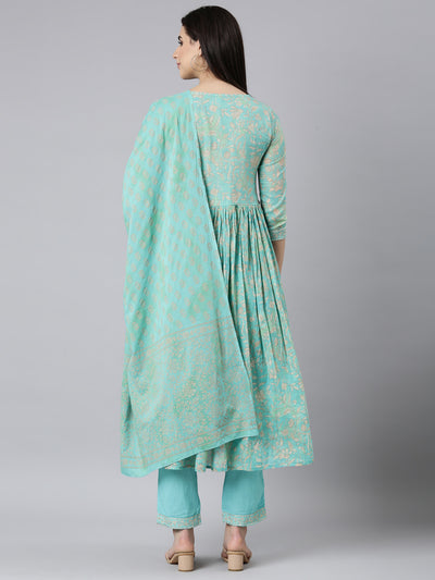 Neerus Sea Green Pleated Straight Floral Readymade suits