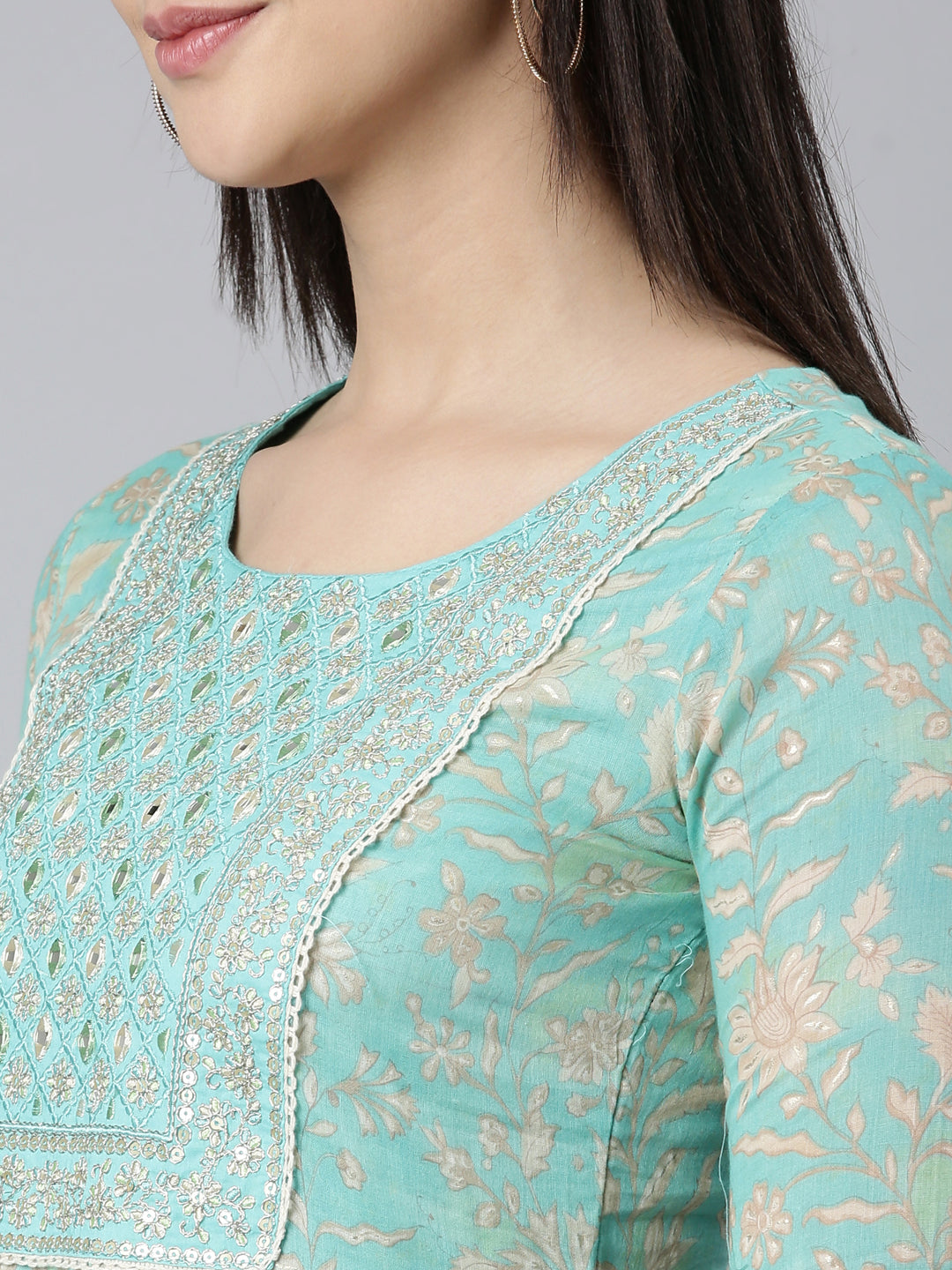 Neerus Sea Green Pleated Straight Floral Readymade suits