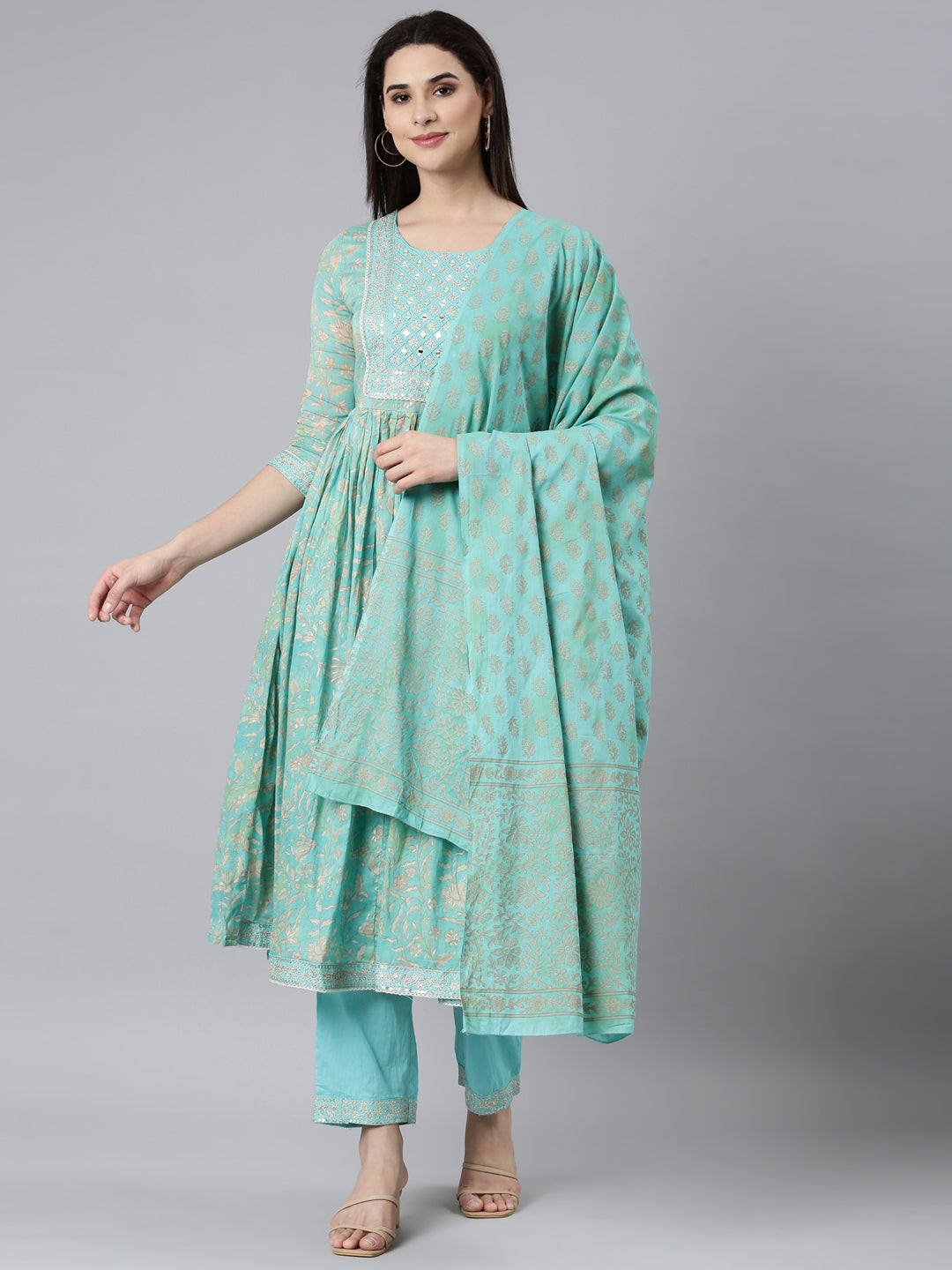 Neerus Sea Green Pleated Straight Floral Readymade suits