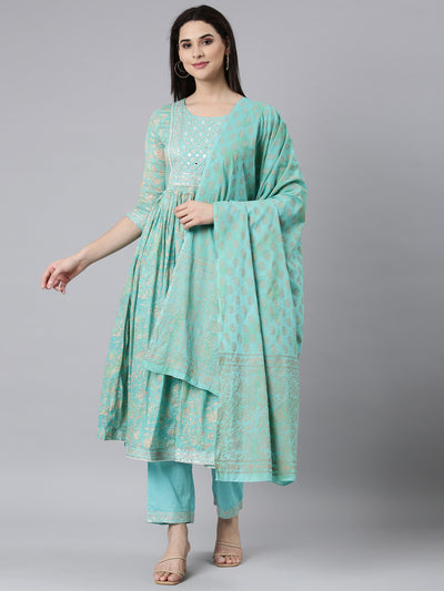 Neerus Sea Green Pleated Straight Floral Readymade suits