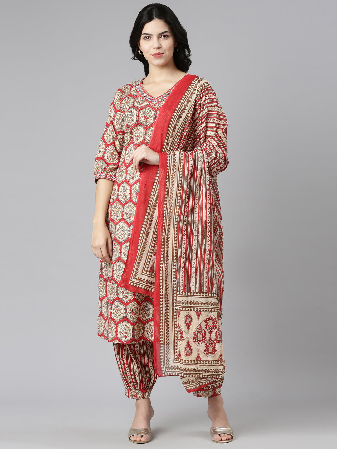 Neeru's Red Regular Straight Printed Kurta And Salwar With Dupatta