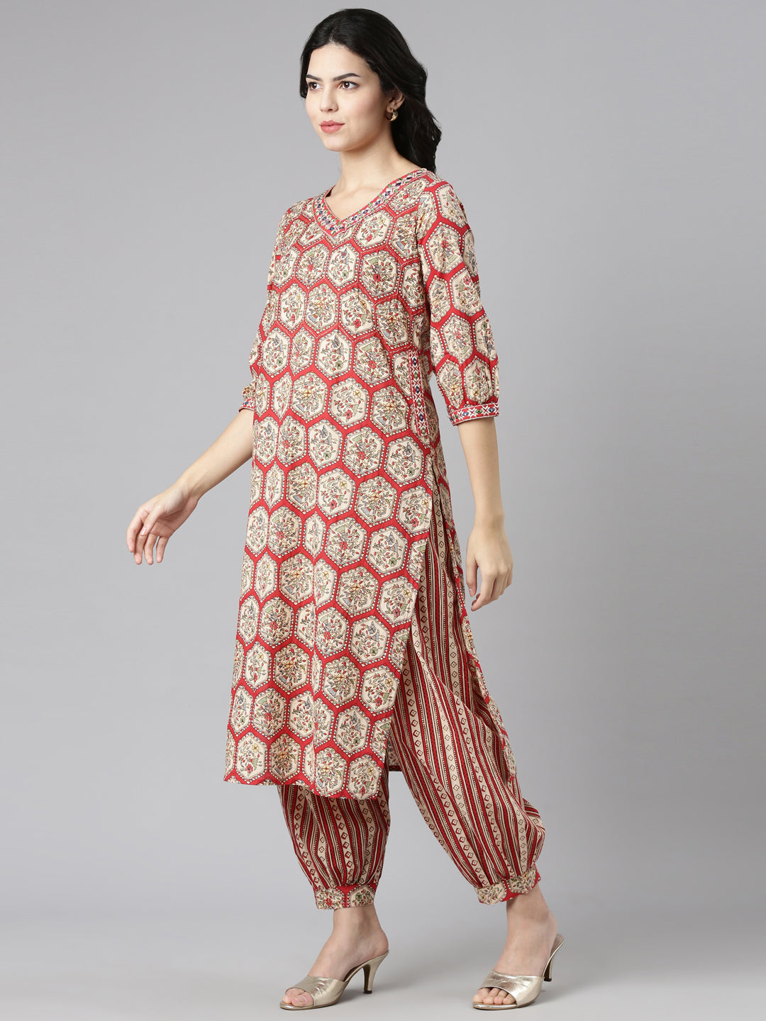 Neeru's Red Regular Straight Printed Kurta And Salwar With Dupatta