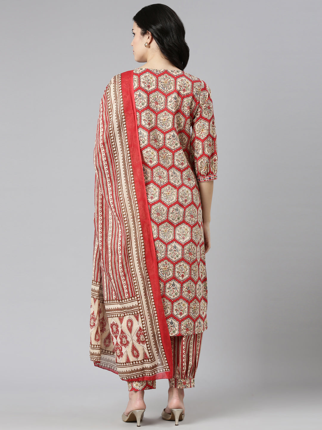 Neeru's Red Regular Straight Printed Kurta And Salwar With Dupatta